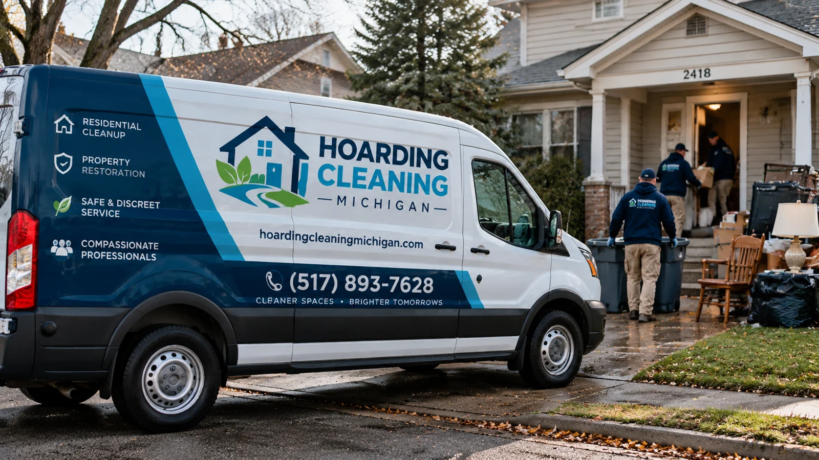 Hoarding Cleaning Michigan branded van outside a home during cleanup