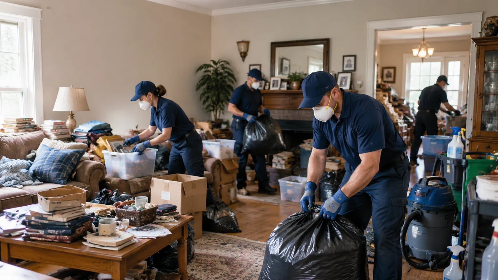 Cleanup team sorting household contents and cleaning a living room